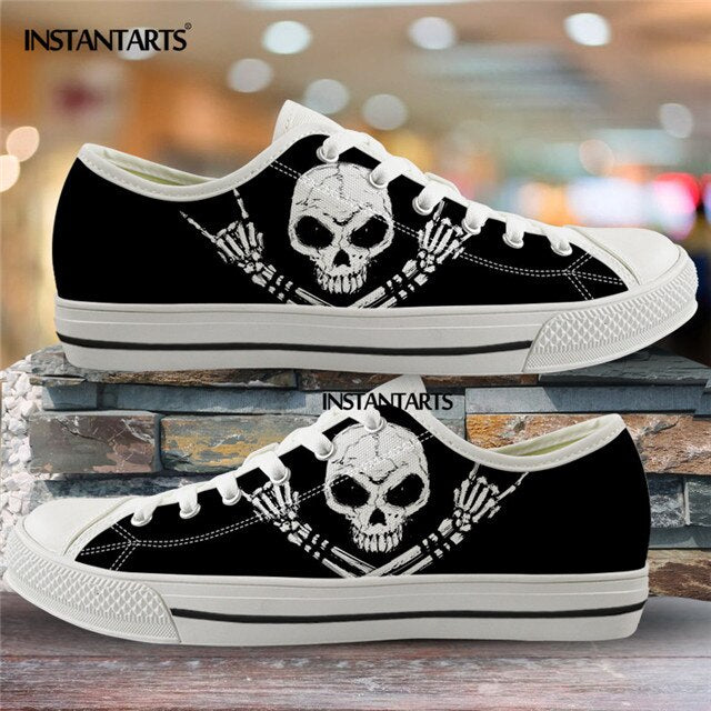 Hot Black Skull Printing Canvas Shoes Low Top Brand