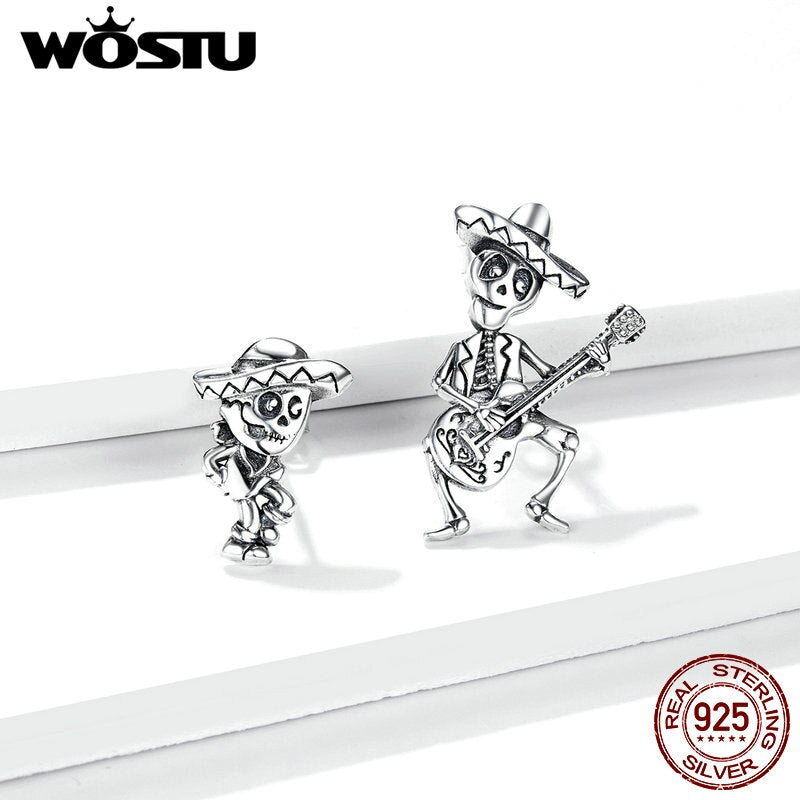 Wostu Oxidized silver Stud Earrings for Women Skull Man with Guitar Jewelry Gift