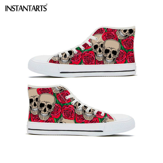 Skull with Rose Printing Flats Shoes High Top Lace Up Canvas Shoes