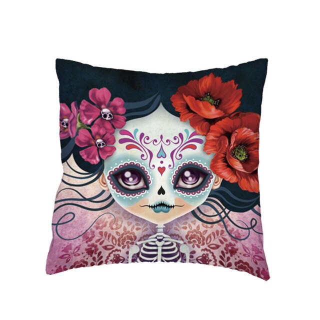 Colorful Sugar Skull Polyester Cushion Cover White Mexican Style