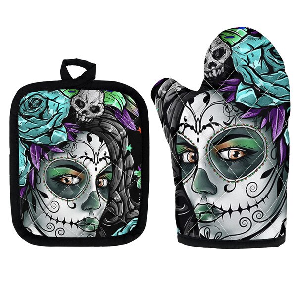 Skull Day of the Dead Gothic Style Kitchen Cooking Microwave Oven Gloves Mitts