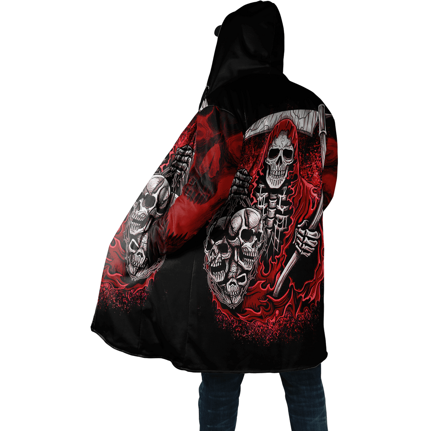 Winter Mens Cloak Fire Reaper Skull Tattoo 3D full Printing Fleece Hooded cloak Coat Unisex Casual Thick Warm Cape coat