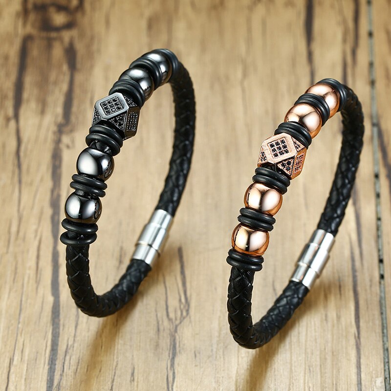 2020 Fashion Punk Stainless Steel Leather Beaded Braclet