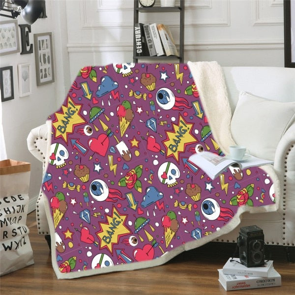 Cute Cats Throw Blanket on Sofa Bed Doodle Flowel Sherpa Fleece Blanket