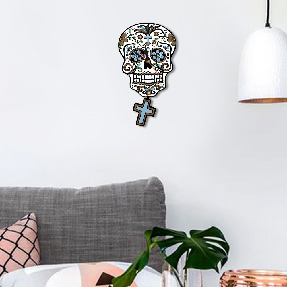 Mexican Day of the Dead Floral Sugar Skull Pendulum Wall Clock