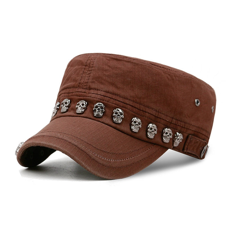 Men Baseball Cap Flat Hats  Skull Rivet Flat Top Hat Outdoor Leisure Military Hat