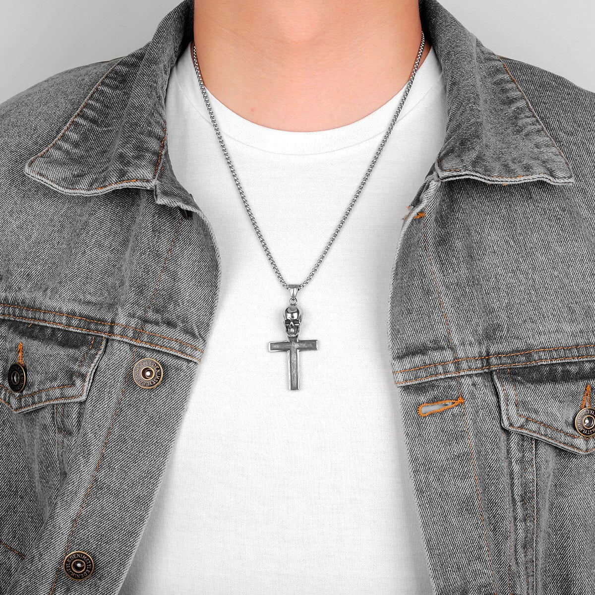 Stainless Steel Gothic Skull Cross Long Men Necklaces Pendants Chain Punk