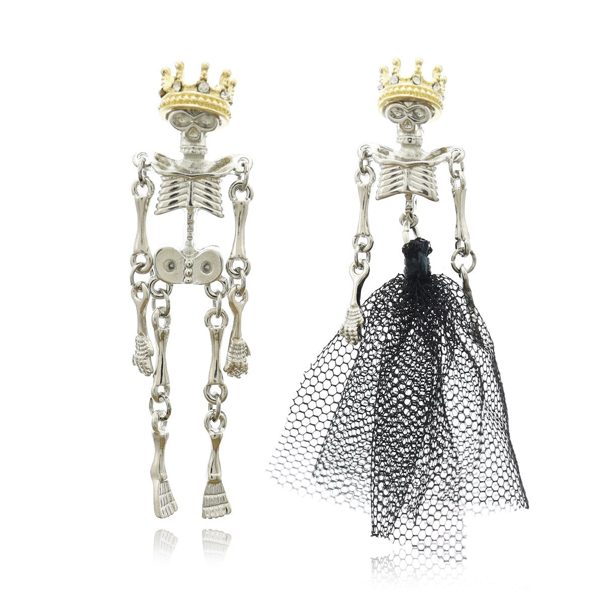 Crown Tiara Skull Skeleton Bone Mismatch Ear Studs Earrings