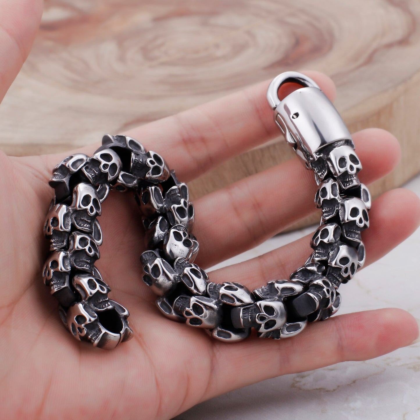 Large Stainless Steel Shiny Skull Charm Bracelets Men's Bracelet