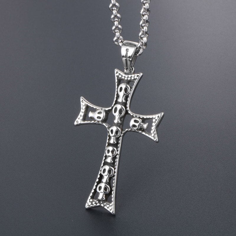 Punk Skull Devil Head Pendant Alternative Cross Men's Titanium Steel Necklace