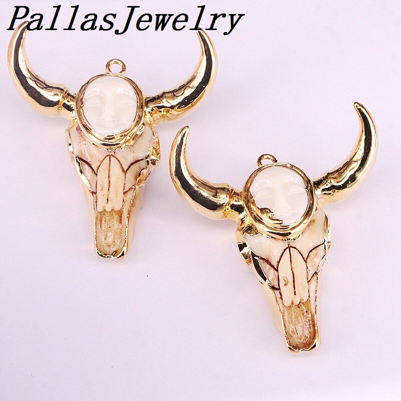 5Pcs Nature Bull Bone Pendant, Gold Filled Bull Head Pendants Necklace