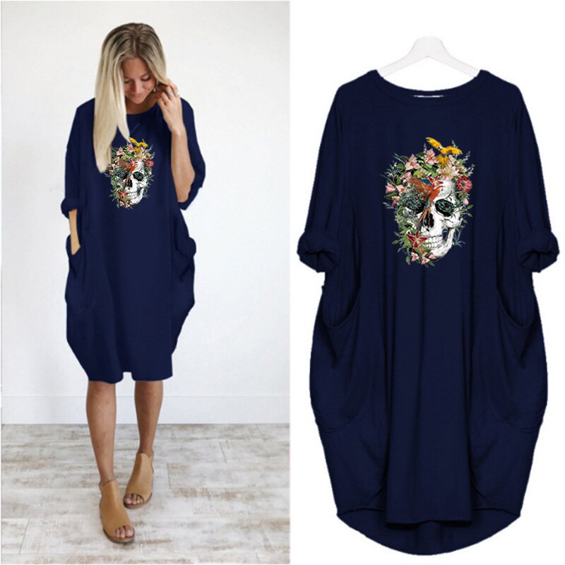 Plus Size 5XL Women's Dress Skull Print Long Sleeve O Collar Pocket