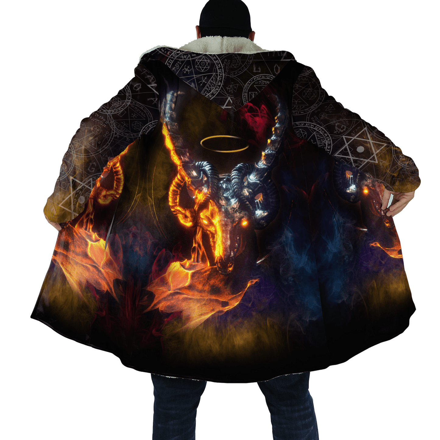 Winter Mens Cloak Fire Reaper Skull Tattoo 3D full Printing Fleece Hooded cloak Coat Unisex Casual Thick Warm Cape coat