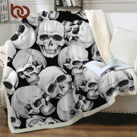 Skull Plush Blanket Watercolor Sherpa Blanket Gothic Bedding Black White