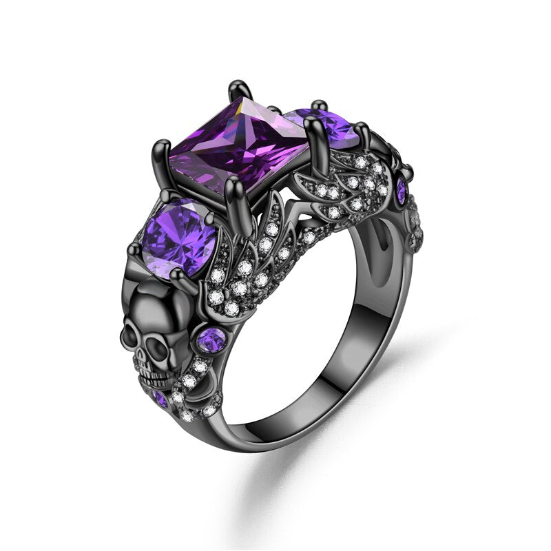 Skull Angel Ring Women Purple Crystal CZ Rings Black