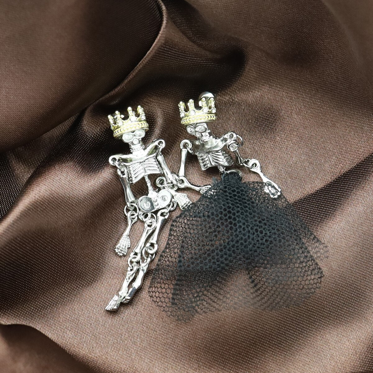 Crown Tiara Skull Skeleton Bone Mismatch Ear Studs Earrings