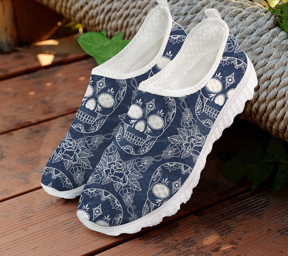 Breathable Ladies Mesh Flat Shoes Brand Design Sugar Skull