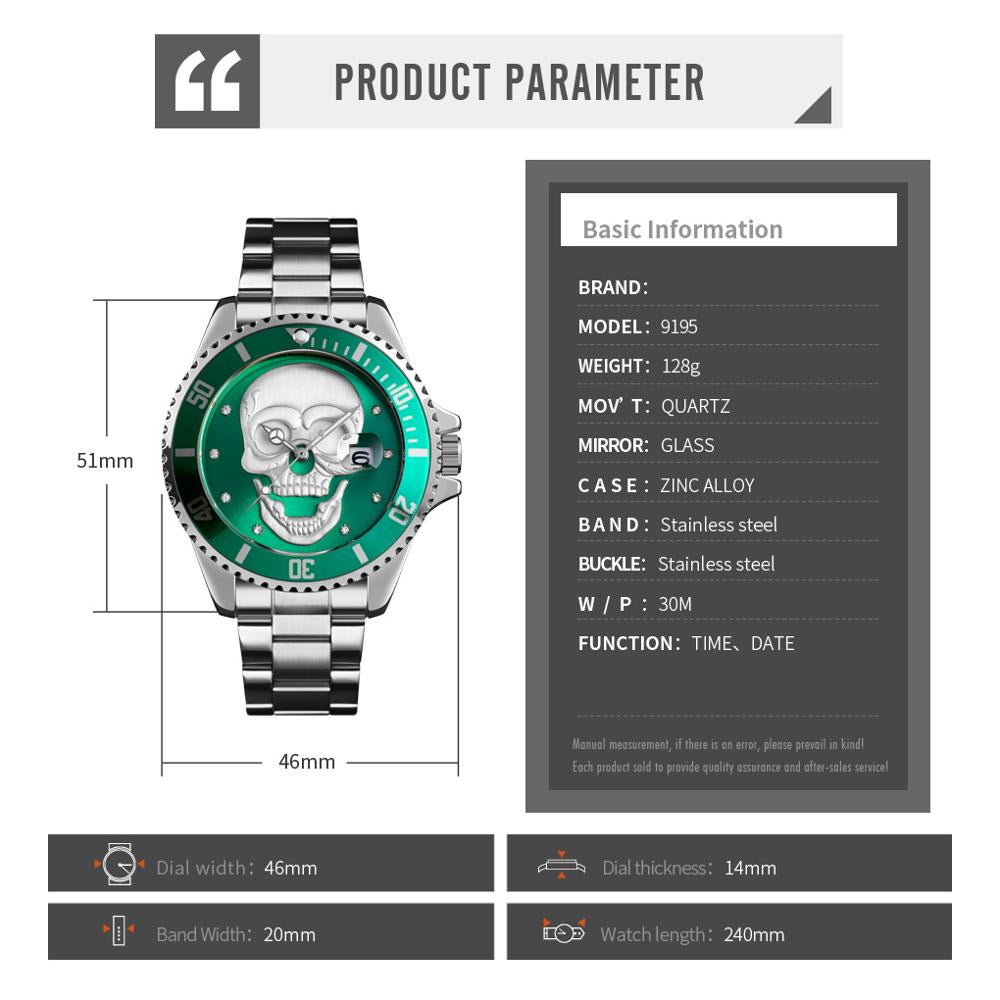 Skull Quartz Watch Men Skeleton Creative Watches Stainless Steel Male Clock Waterproof Wristwatch
