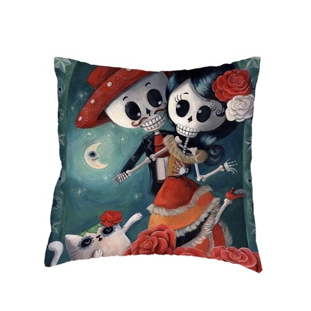 Colorful Sugar Skull Polyester Cushion Cover White Mexican Style