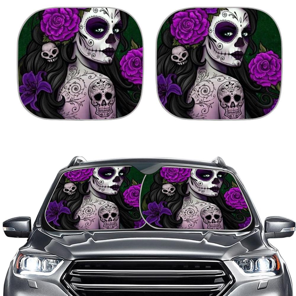 Set 2pcs Fashion Side Window Day of the Dead Sugar Skull Flower Print 2pcs/Set