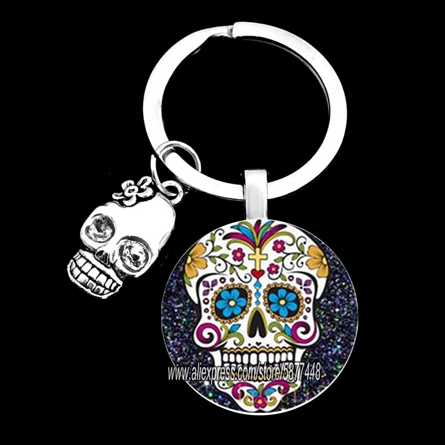 Exquisite Colorful Sugar Skull Pendent Glass Keychain Skeleton and Flower Key Ring for Unisex