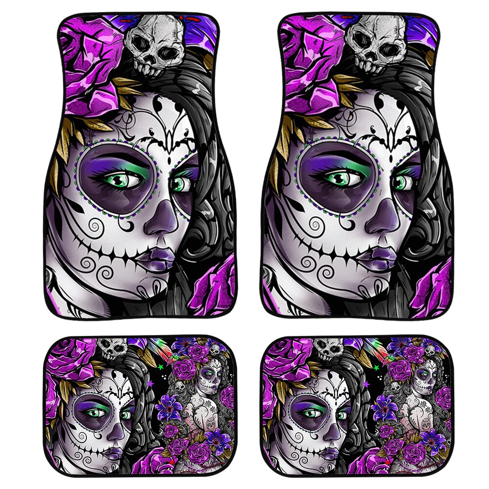 4pcs/Set Day Of The Dead Skull Gothic Car Floor Washable Mats for Front and Back