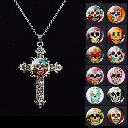 Sugar Skull Picture Glass Dome Cross Pendant Chain Necklace Punk Jewelry