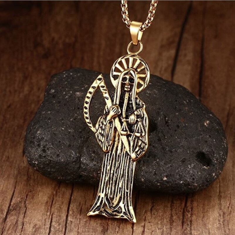 Hip Hop Vintage Holy Saint Death Santa Muerte Skull Biker Pendant Golden