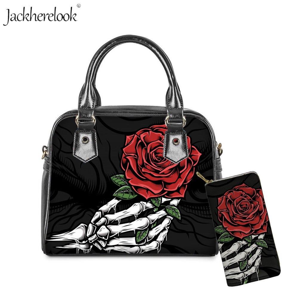 Woman Luxyry Handbag Sugar Rose Flower Skull Printing Gothic Bag