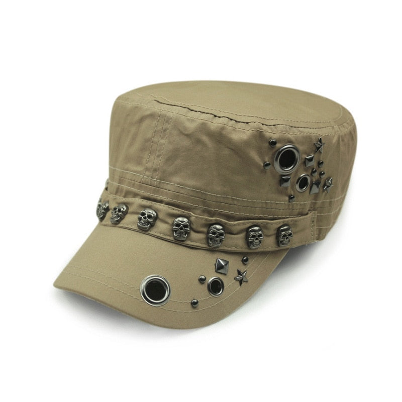 Men Baseball Cap Flat Hats  Skull Rivet Flat Top Hat Outdoor Leisure Military Hat