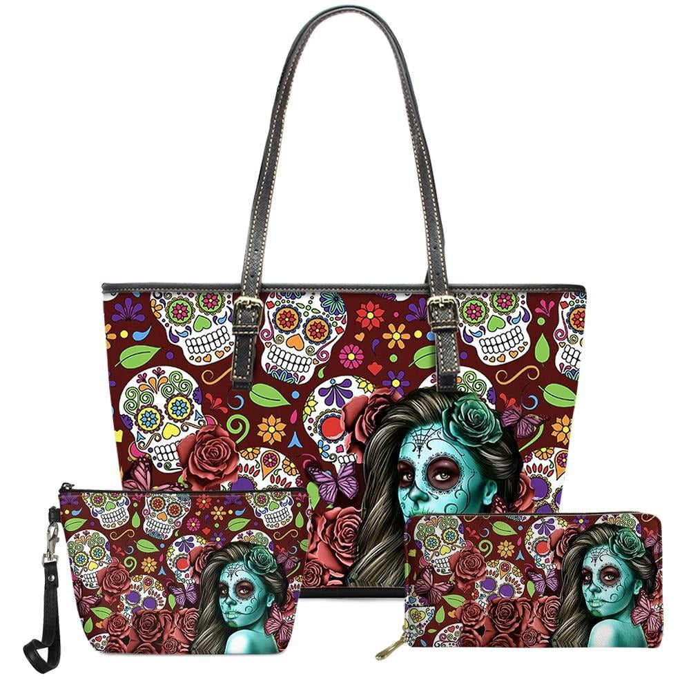 3pcs Fashion Sugar Skull Girl Pattern PU Leather Handbags Women Bag Set