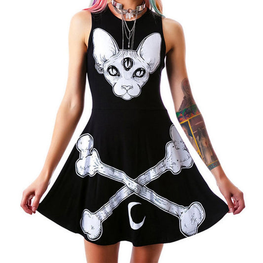 High Quality Cartoon Fashion Ladies Three Eye Skull Bone Printing Sleeveless Vest Funny Dress