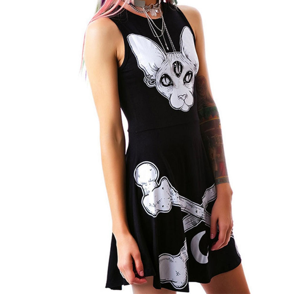 High Quality Cartoon Fashion Ladies Three Eye Skull Bone Printing Sleeveless Vest Funny Dress