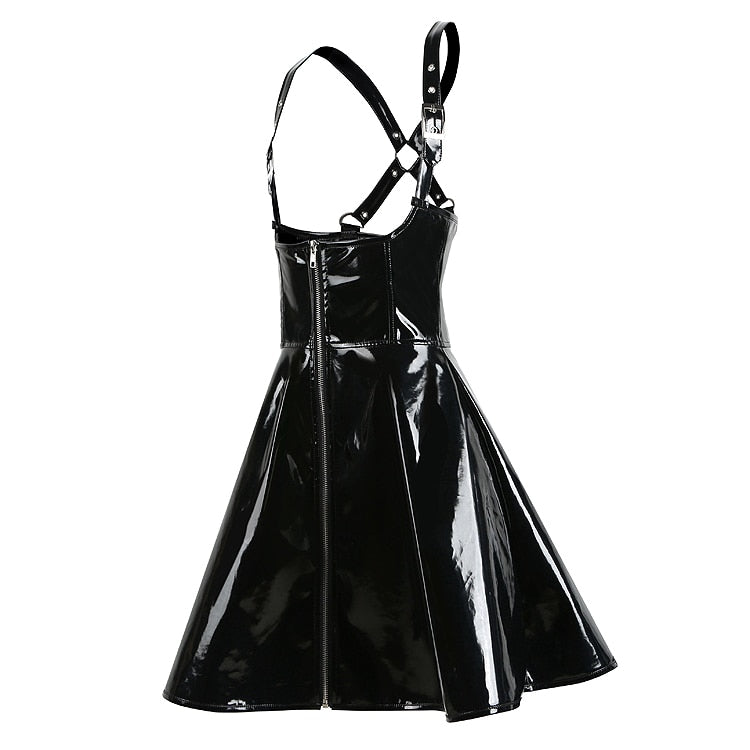 High Quality Sexy Women Black PVC Zipper Latex Leather Wet Look Bodycon Dress Sexy Clubwear Pole Dance Costume