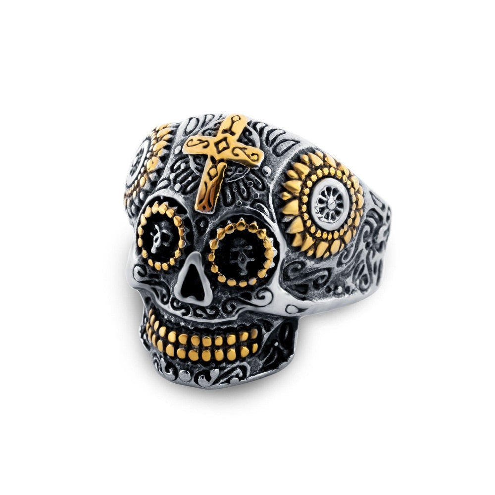 Hiphop Cool Men's Gothic Carving Ring Stainless Steel High Quality cross Skull ring Jewelry For man