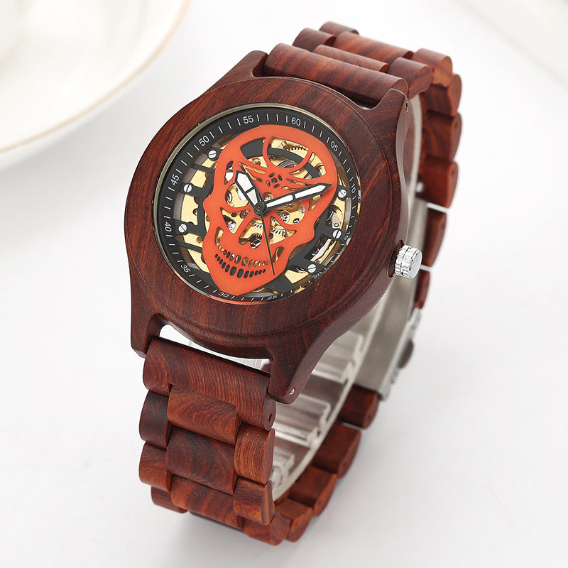 Hollow Skull Head Top Quality Mechanical Wood Wrist Watch Beech Rose Walnut Wooden Strap Luxury Wristwatch for Men and Women