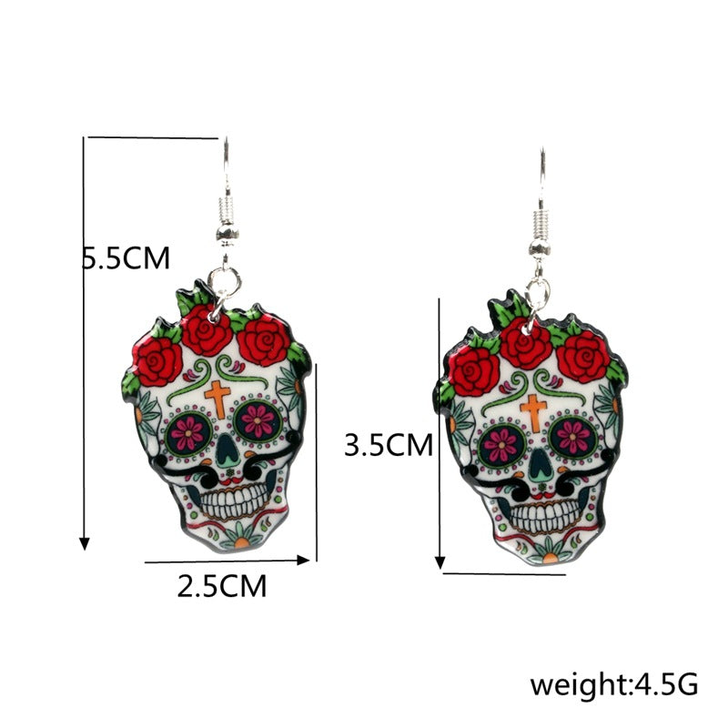 Hot Sale Women Girl Funny Sugar Skull Earrings Trendy Retro Red Rose Flower Earrings For Skeleton Acrylic Earrings Party jewelry