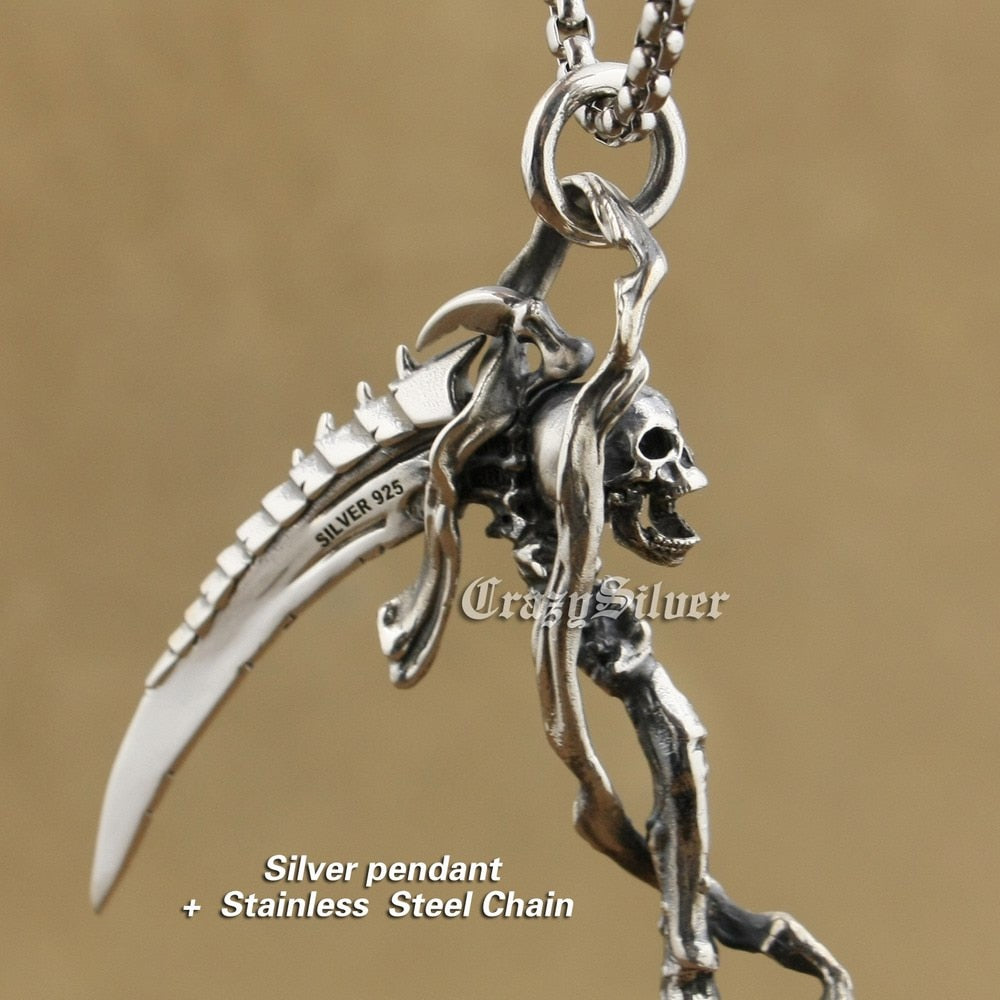 Huge 925 Sterling Silver Grim Reaper Skull Sickle Scythe Biker Pendant