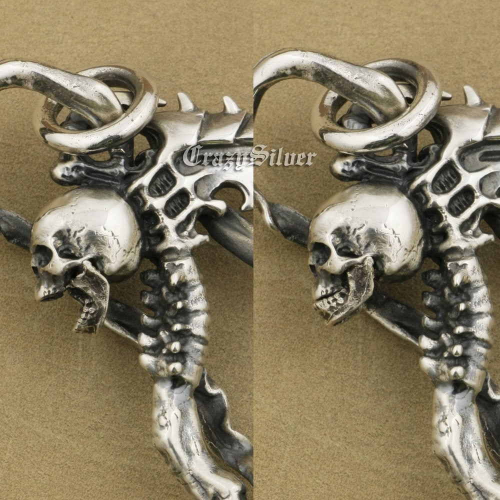 Huge 925 Sterling Silver Grim Reaper Skull Sickle Scythe Biker Pendant