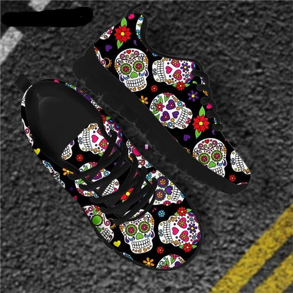Sugar Skull Floral Flats Sneaker Shoes for Women Light Weight Sneakers