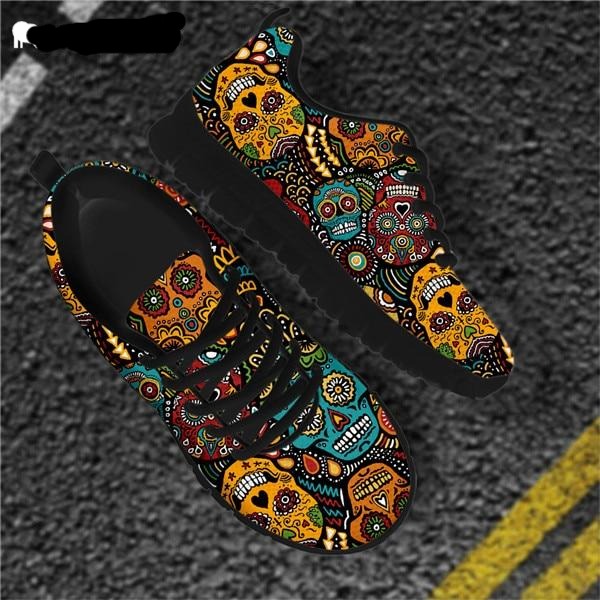 Sugar Skull Floral Flats Sneaker Shoes for Women