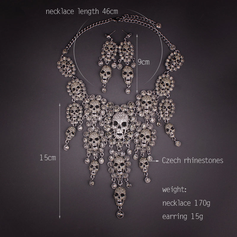 Individuality Rhinestones Skeleton Necklace Earrings Sets Vintage Skull Jewelry Sets Retro crystal Jewellery Set Gift for Women