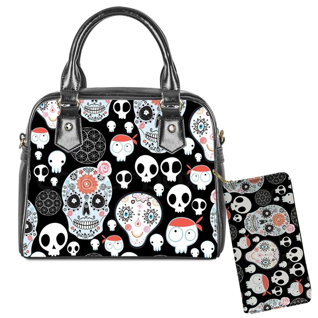 2Pcs Sugar Skull Shoulder Messenger Crossbody Bag and Leather Wallet