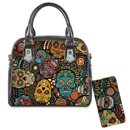 2Pcs/set Sugar Skull Print Shoulder Messenger Cross-body Bag and Wallet