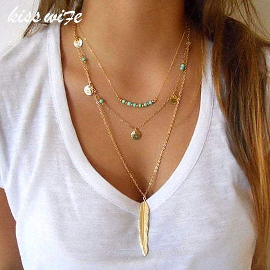 KISS WIFE 2017 New Fashion Feather Necklace Leaf Layer 3 Necklace Multilayer Necklace Women