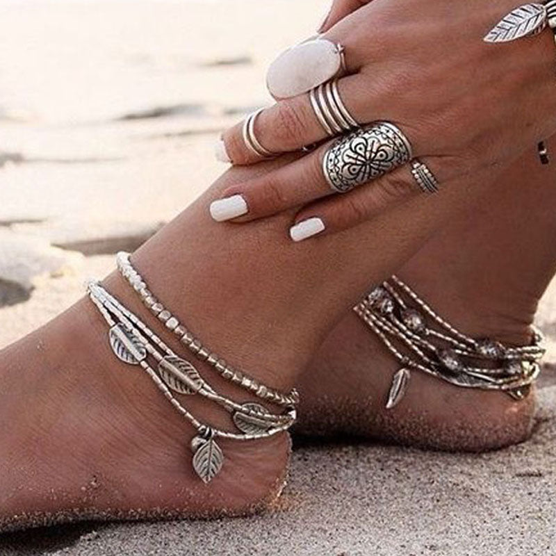 New Fashion Multilayer Retro Bohemia Round Leaves Anklet Beach Foot Jewelry Pull Bead Boho Anklet Bracelet For Women