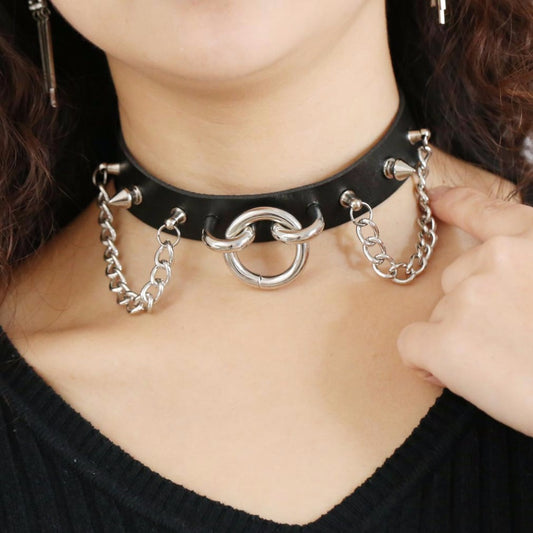 Choker Rivets O Round Metal Silver Color Leather Collar Bondage Goth Chokers Women Gothic Necklace 2017 New Punk Jewelry