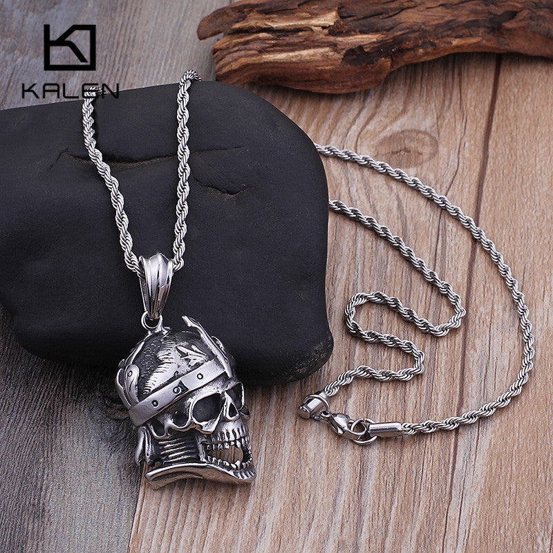 New Real Stainless Steel Viking Skull Pendant Necklace For Men Punk Good Quality Steel Metal Skull Biker Jewelry Gifts