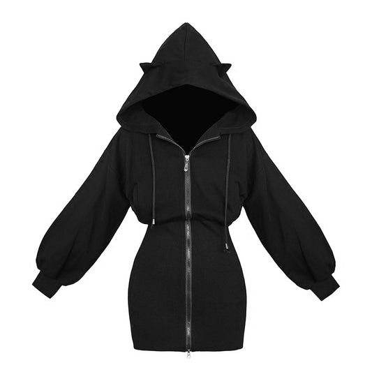 Kawaii Hoodie Harajuku Long Sweatshirt Women Black Punk Gothic Hoodies Hoody Ladies Zip-up 2018 Autumn Cute Ear Cat Hoodies