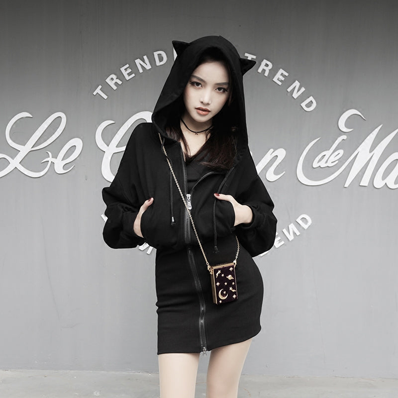 Kawaii Hoodie Harajuku Long Sweatshirt Women Black Punk Gothic Hoodies Hoody Ladies Zip-up 2018 Autumn Cute Ear Cat Hoodies